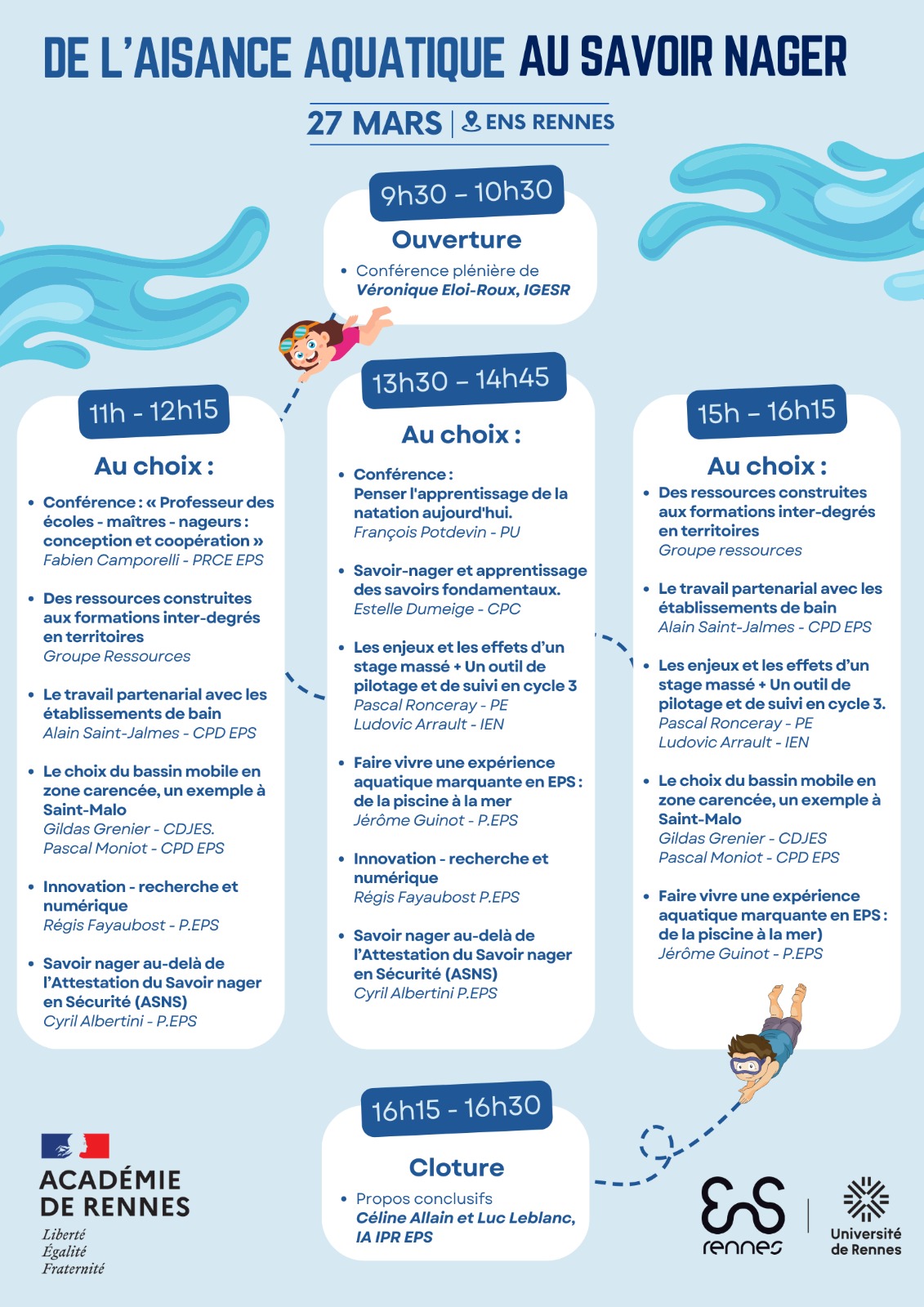 Programme s&eacute;minaire acad&eacute;mique "de l'aisance aquatique au savoir-nager" - Mercredi 27 mars 2024 &agrave; l'ENS Rennes